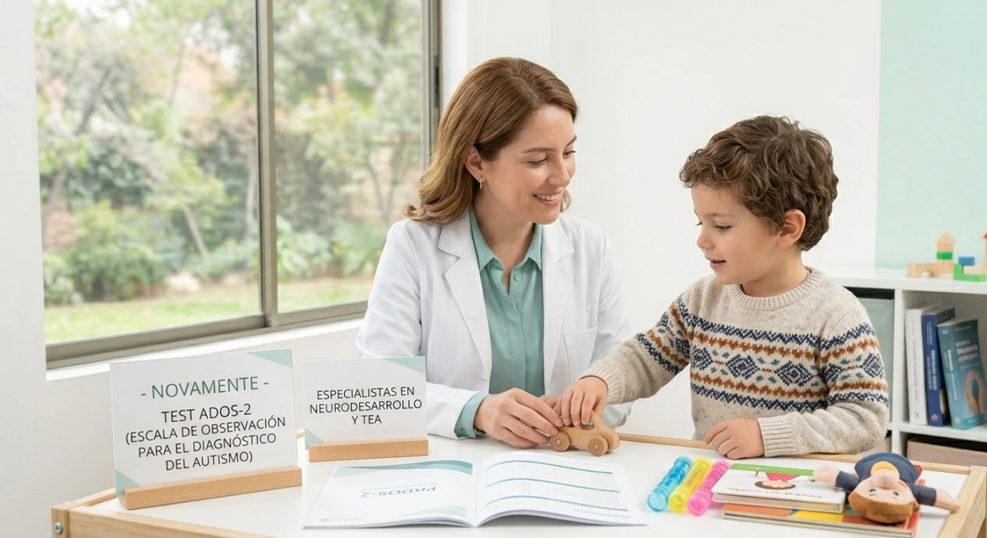 Especialista en neurodesarrollo realizando el Test ADOS-2 a un niño en consulta para el diagnóstico de autismo en Centro Novamente.
