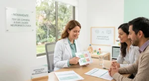 Psicopedagoga utilizando el protocolo de evaluación Test de Conners para analizar síntomas de TDAH y pautas de conducta en el paciente.