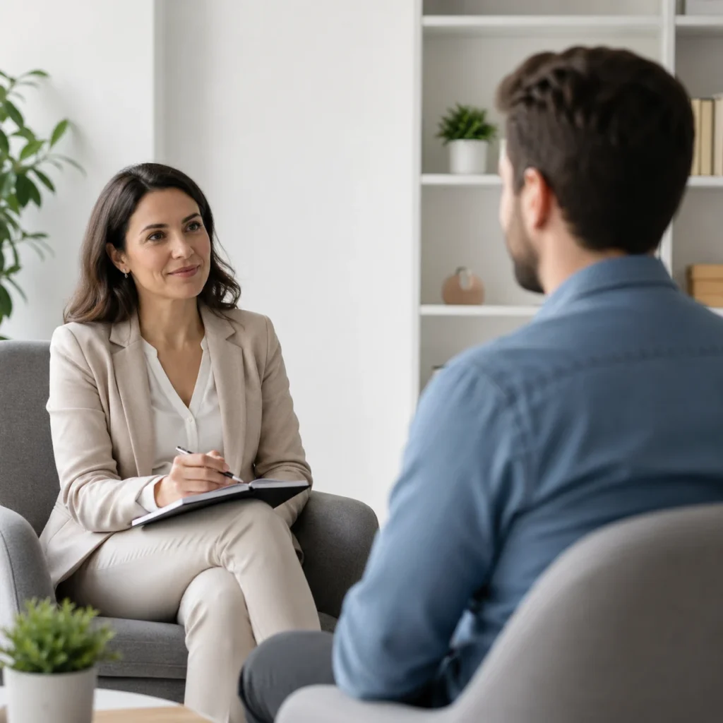Psicóloga clínica brindando terapia personalizada en un entorno acogedor para el apoyo en salud mental y bienestar emocional de los pacientes.